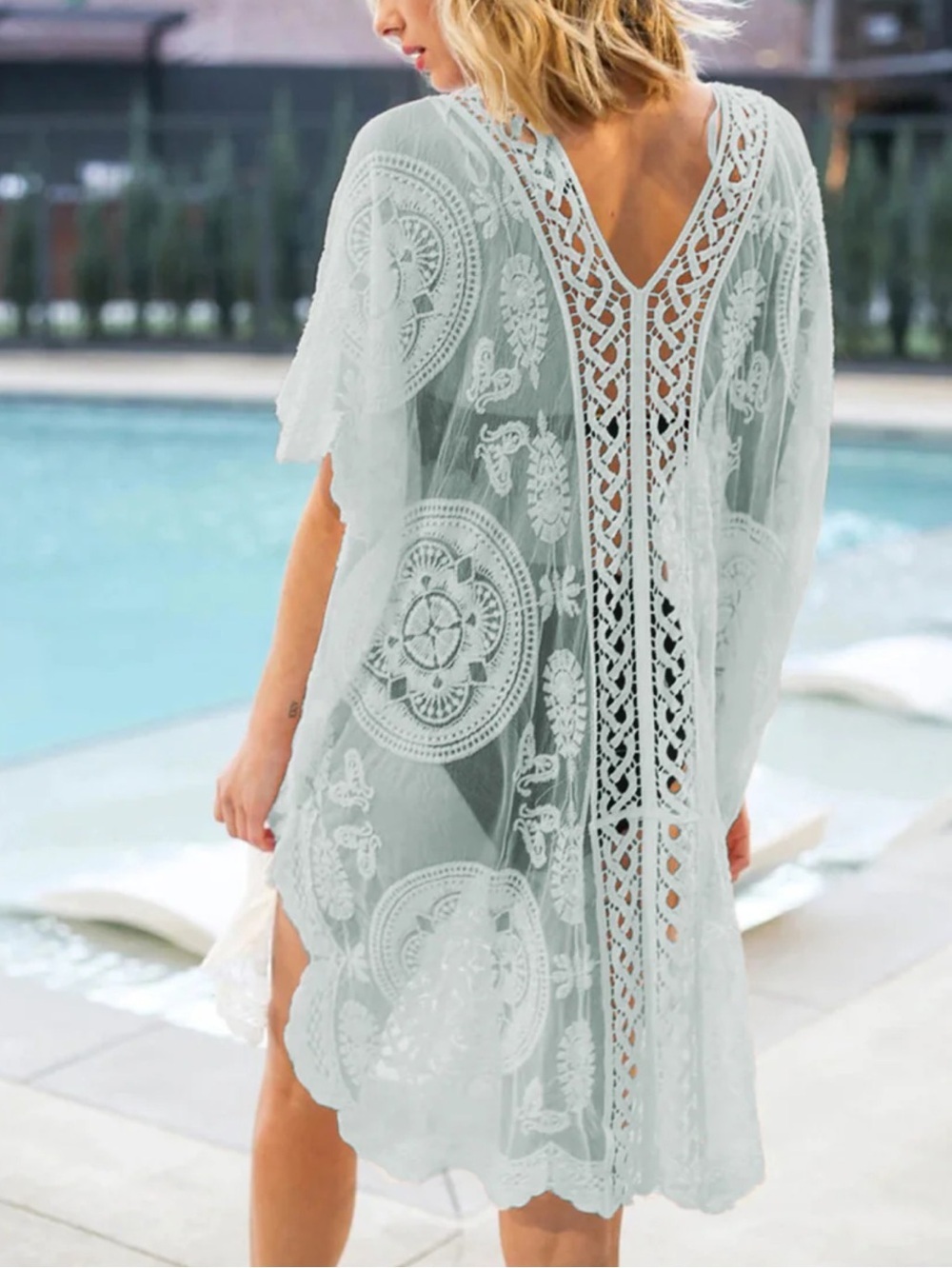 Woven Heart Lace Crochet Long Sheer Bikini Coverup Sage Green Overlay Size M